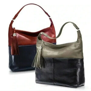 BRIGHTON Brandt HANDBAG BLACK BROWN LEATHER TASSELED SHOULDER BAG HOBO PURSE
